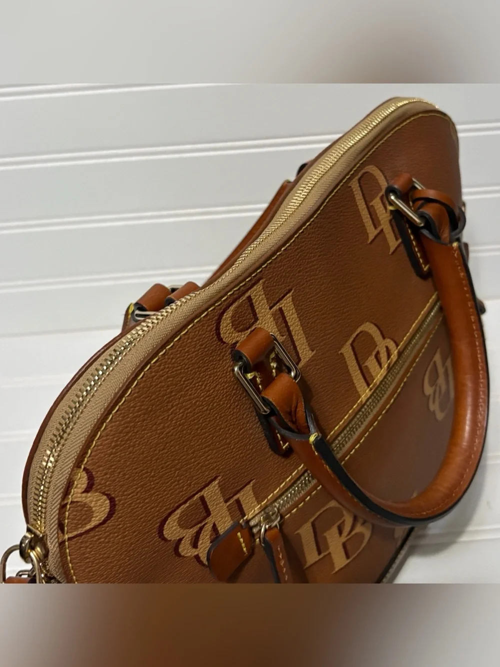 Dooney & Bourke DB Monogram Leather Brown Domed Satchel Shoulder Bag Purse Tote